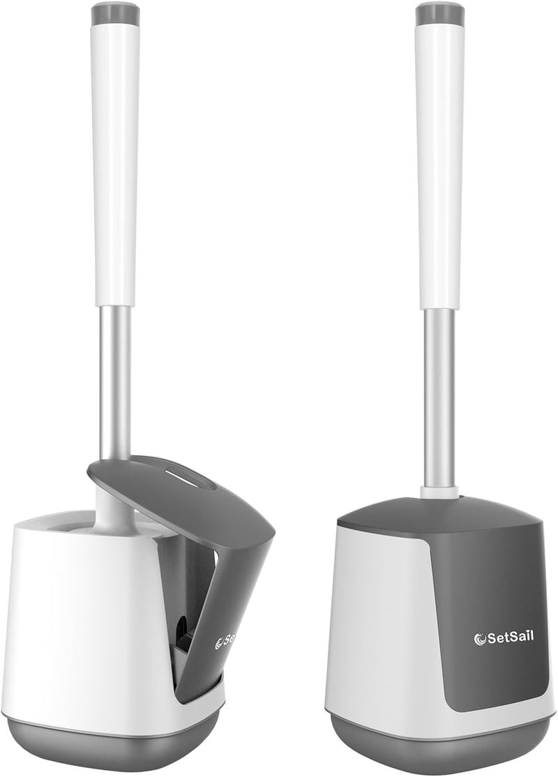 SetSail Toilet Brush and Holder 2 Pack, Self Closing Lid Toilet Bowl Brushes Holder and Extra Long Handle Ventilated Toilet Brush Set for Bathroom Cleaning, Nylon Bristles, White & Grey - Image 1